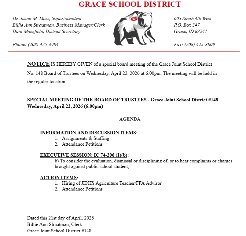 Special Board Meeting 4/22/26